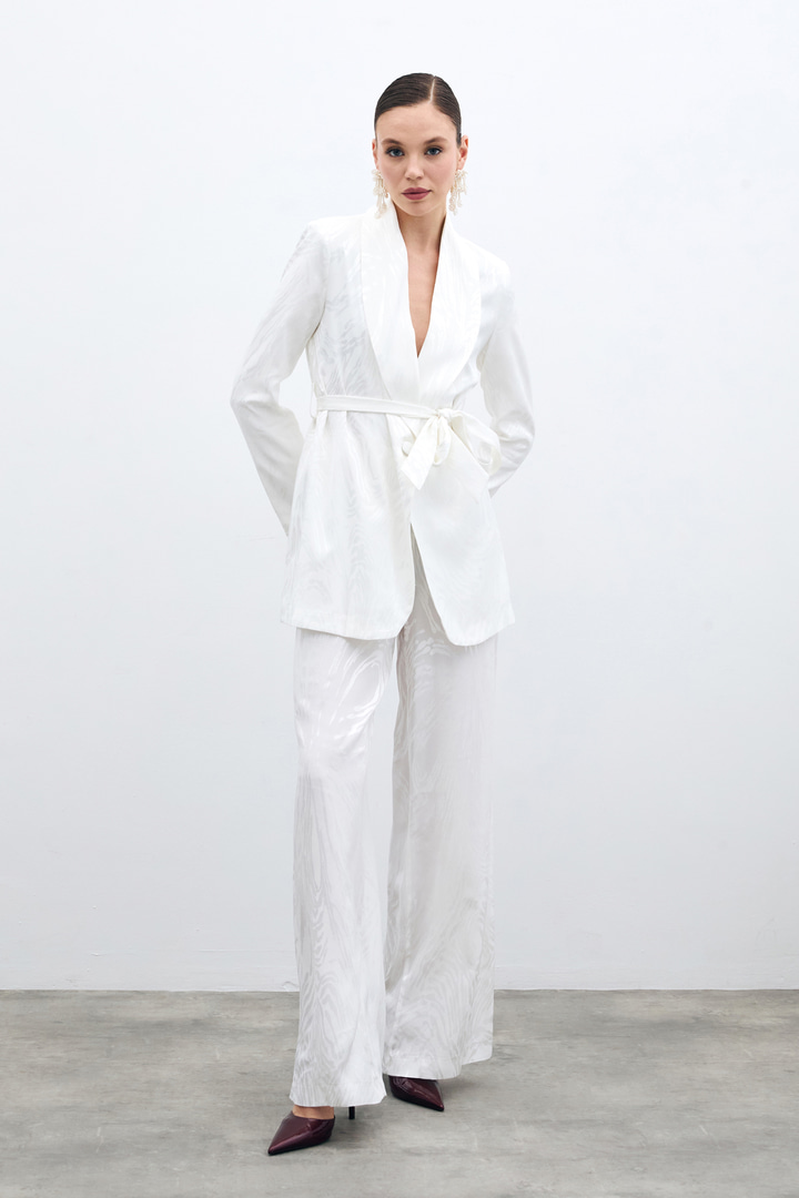 Yüksek Bel Desenli Pantolon - Ekru