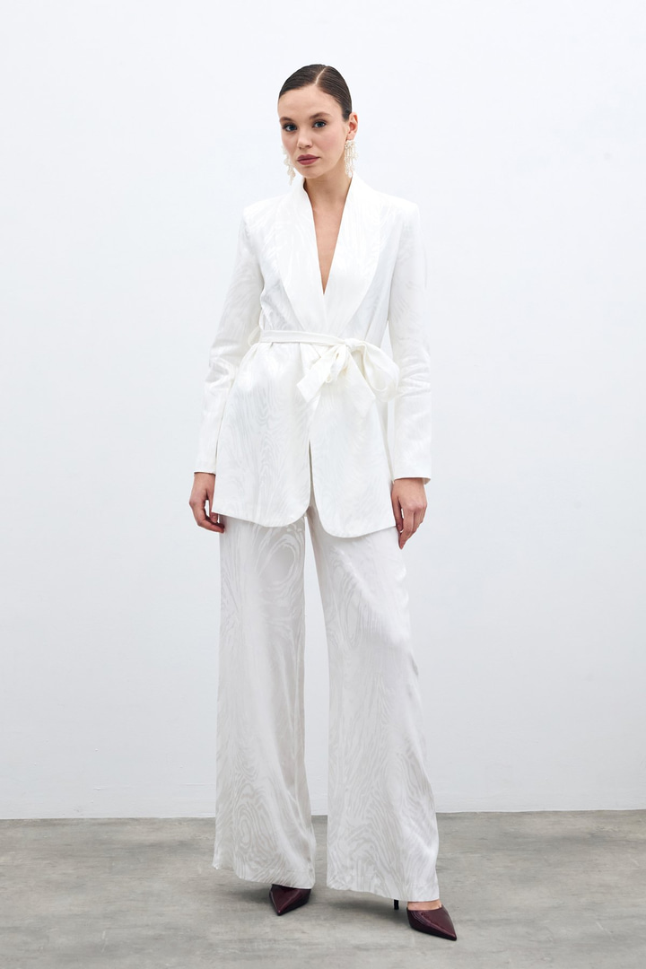 Yüksek Bel Desenli Pantolon - Ekru