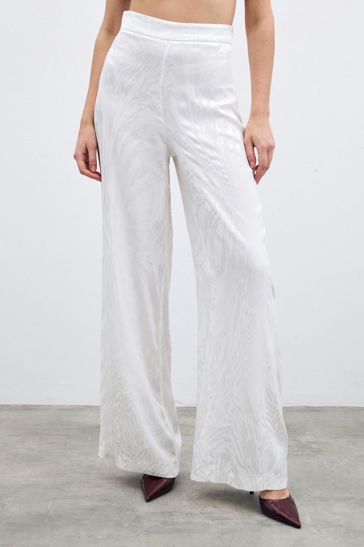 Yüksek Bel Desenli Pantolon - Ekru