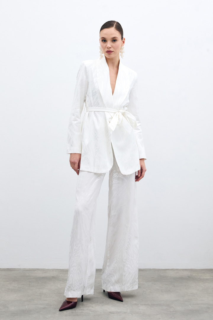 Yüksek Bel Desenli Pantolon - Ekru