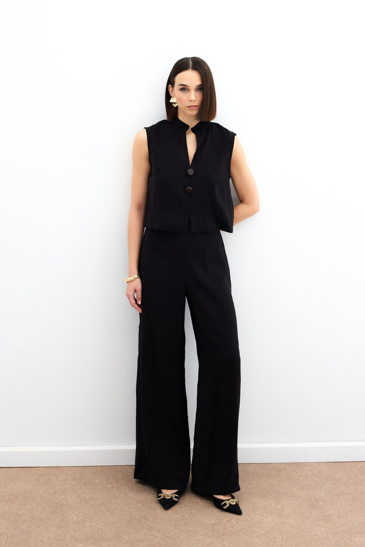 Yüksek Bel Keten Pantolon - Siyah