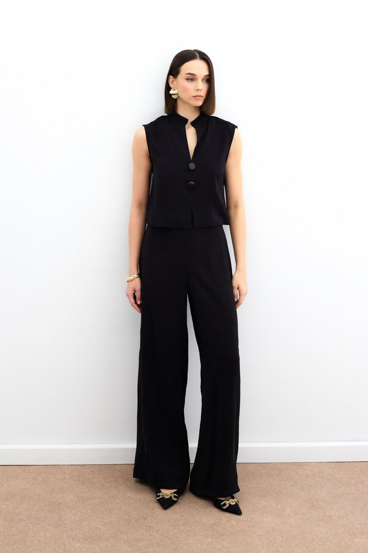 Yüksek Bel Keten Pantolon - Siyah