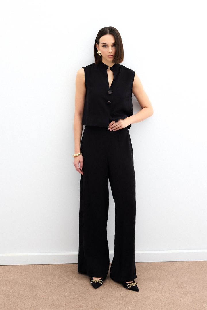 Yüksek Bel Keten Pantolon - Siyah