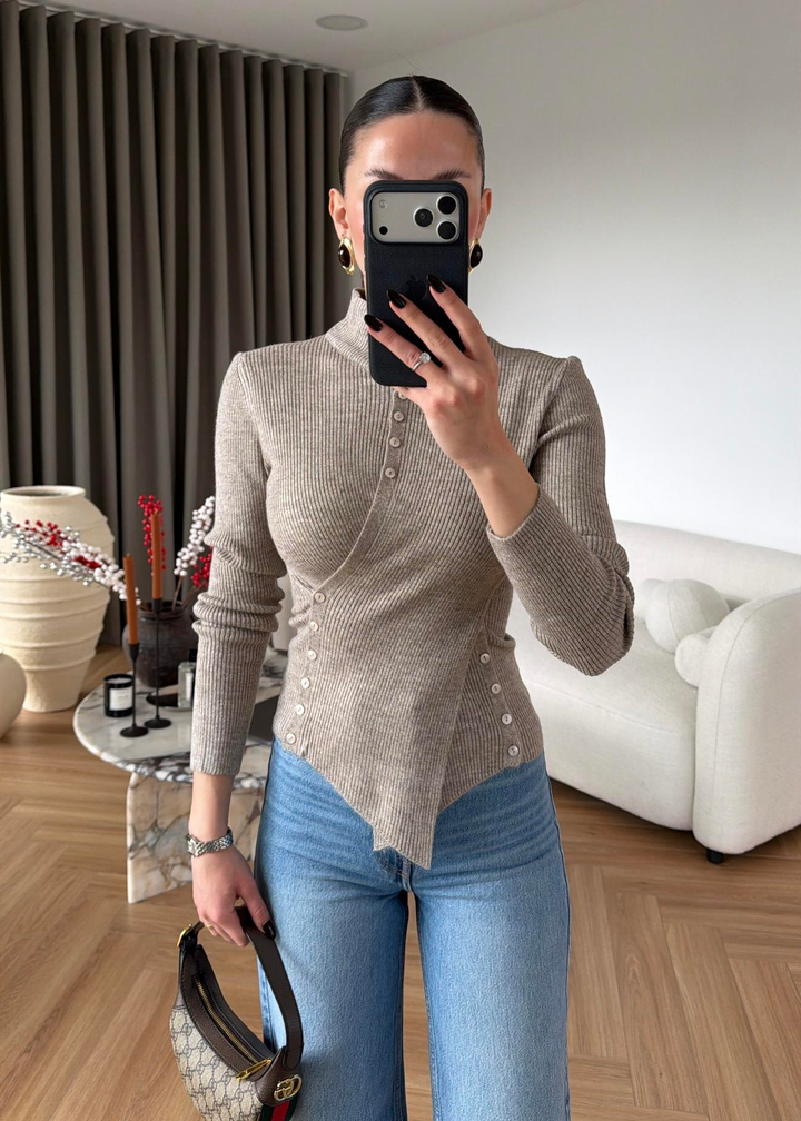 Asimetrik Kesim Fit Triko Bluz BEJ
