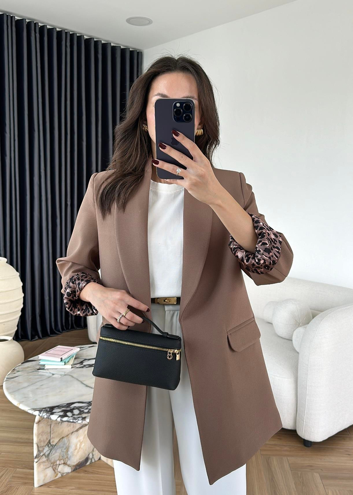Astarı Leopar Desenli Blazer Ceket AÇIK KAHVE