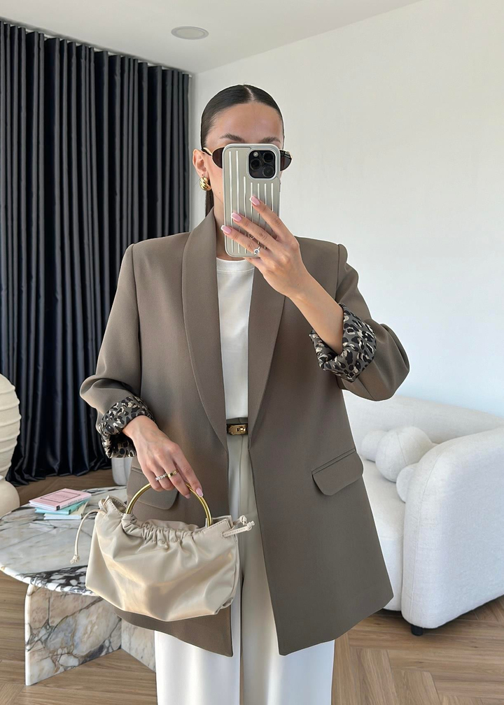 Astarı Leopar Desenli Blazer Ceket HAKİ