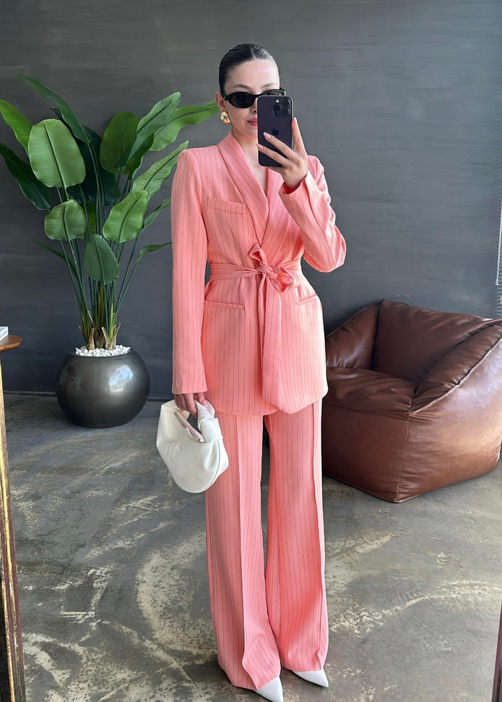 Bağlamalı Çizgili Takım PEMBE