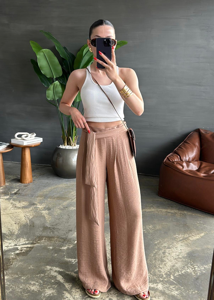 Bağlamalı Geniş Paça Pantolon CAMEL