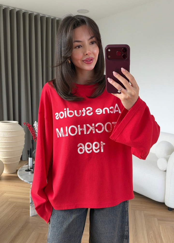 Baskılı Uzun Kollu Sweat Tişört KIRMIZI