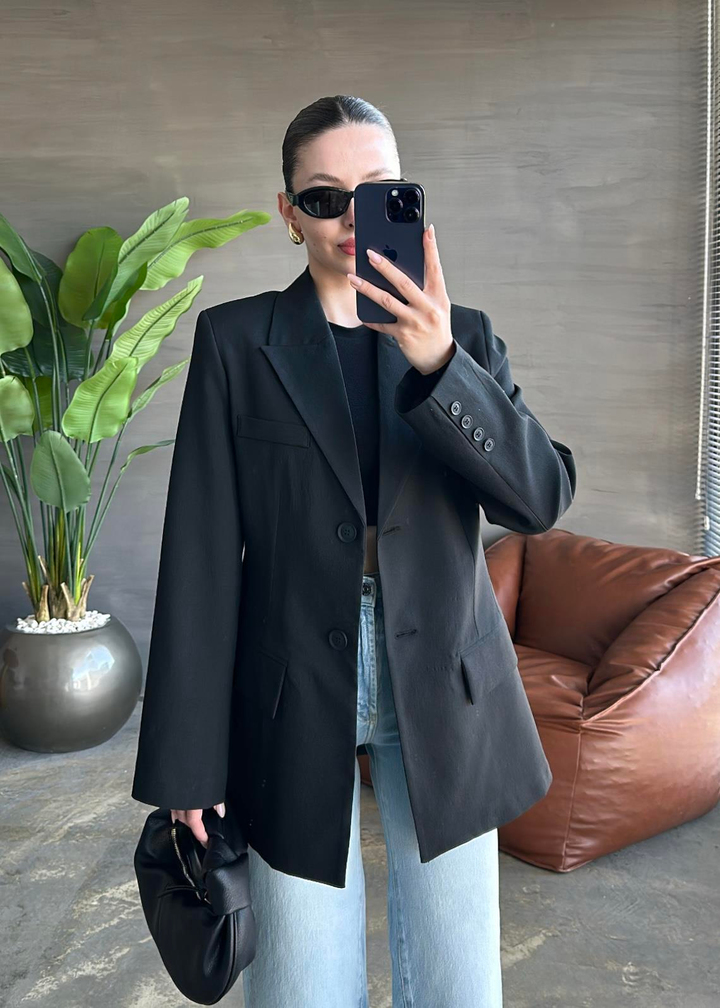 Belden Oturtmalı Blazer Ceket SİYAH