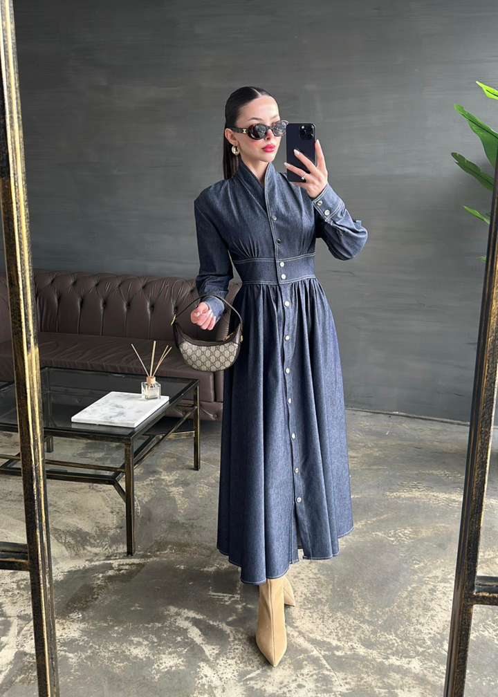 Belden Oturtmalı Denim Elbise MAVİ