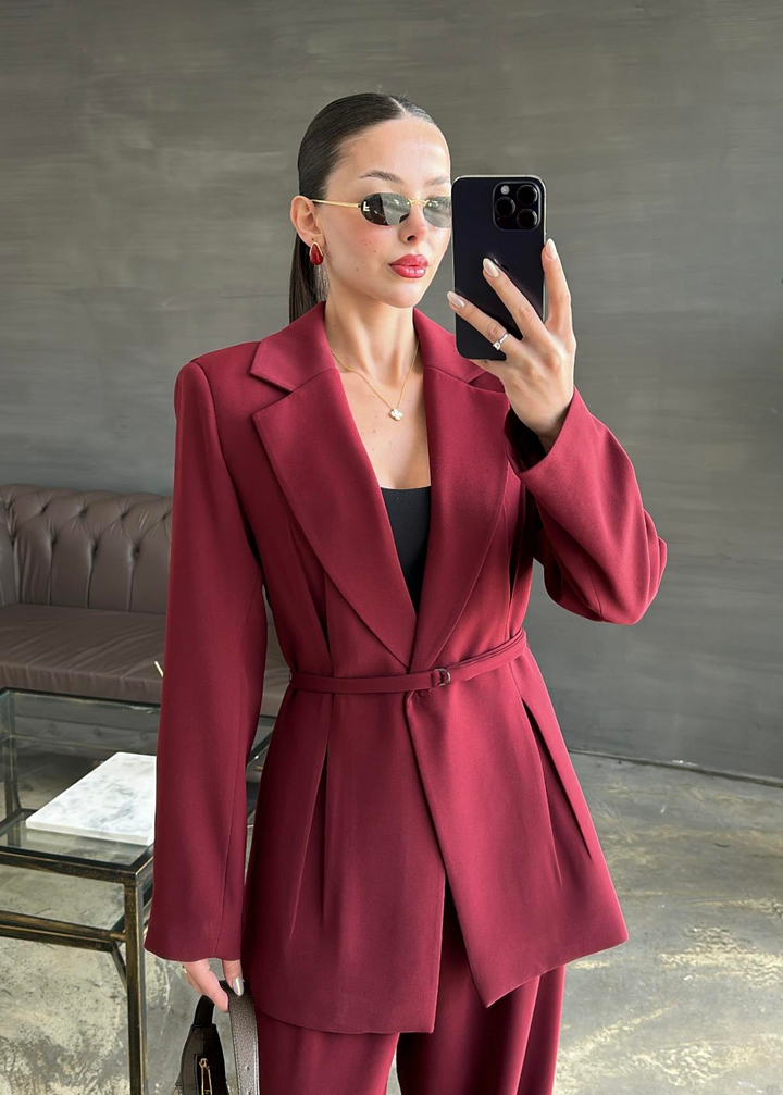 Beli İpli Krep Ceket BORDO