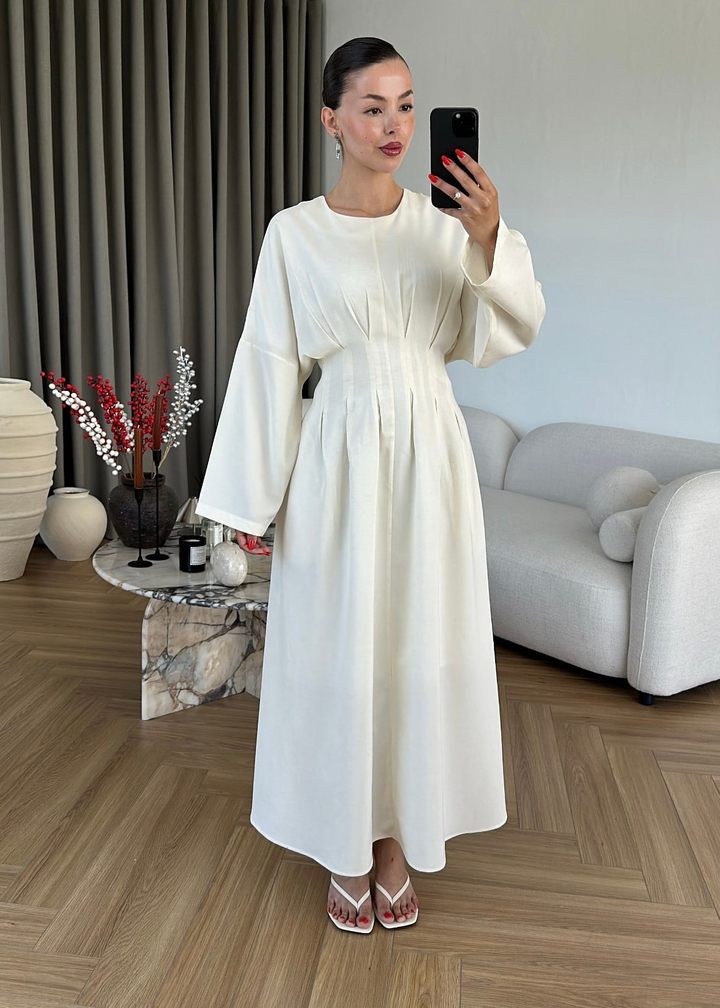 Beli Korse Detaylı Elbise EKRU