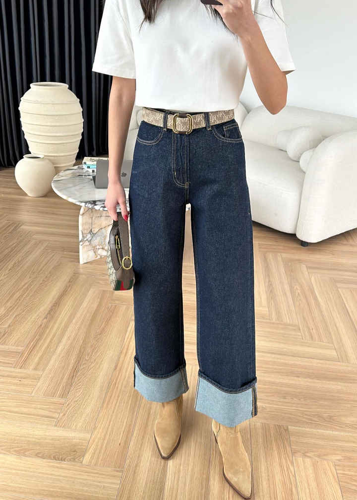 Bilek Boy Paçası Katlı Jean LACİVERT