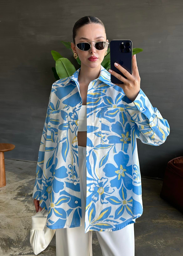 Blue Desen Poplin Gömlek MAVİ
