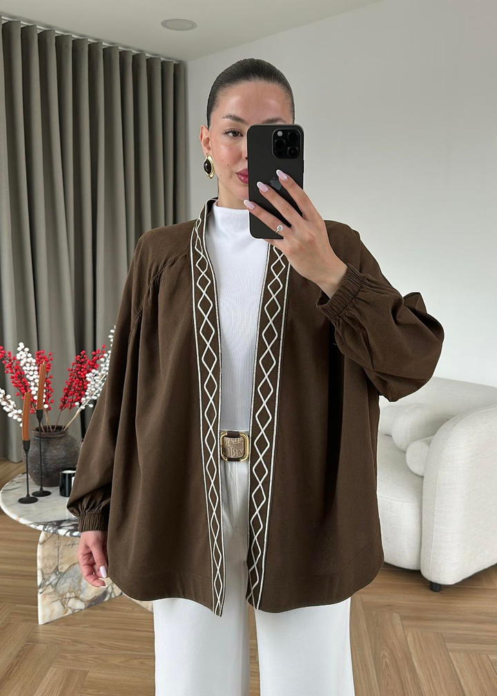 Bohem Nakışlı Keten Kimono ACI KAHVE