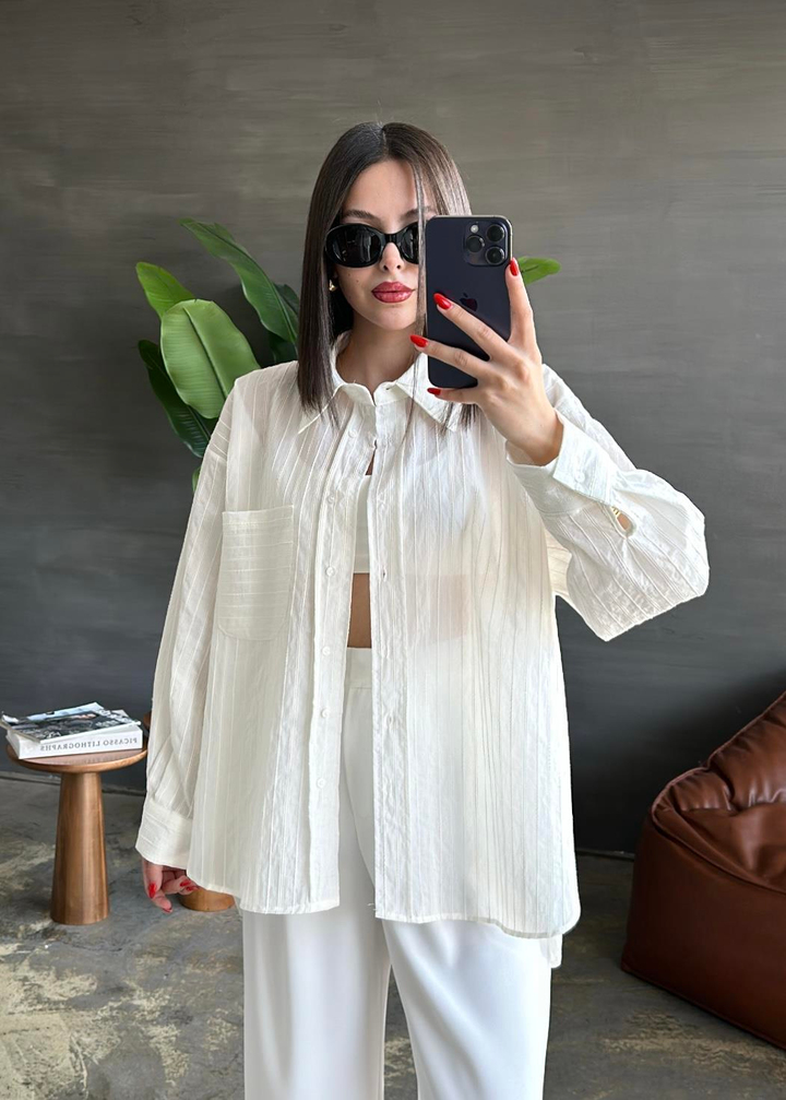 Buklet Dokulu Oversize Gömlek BEYAZ