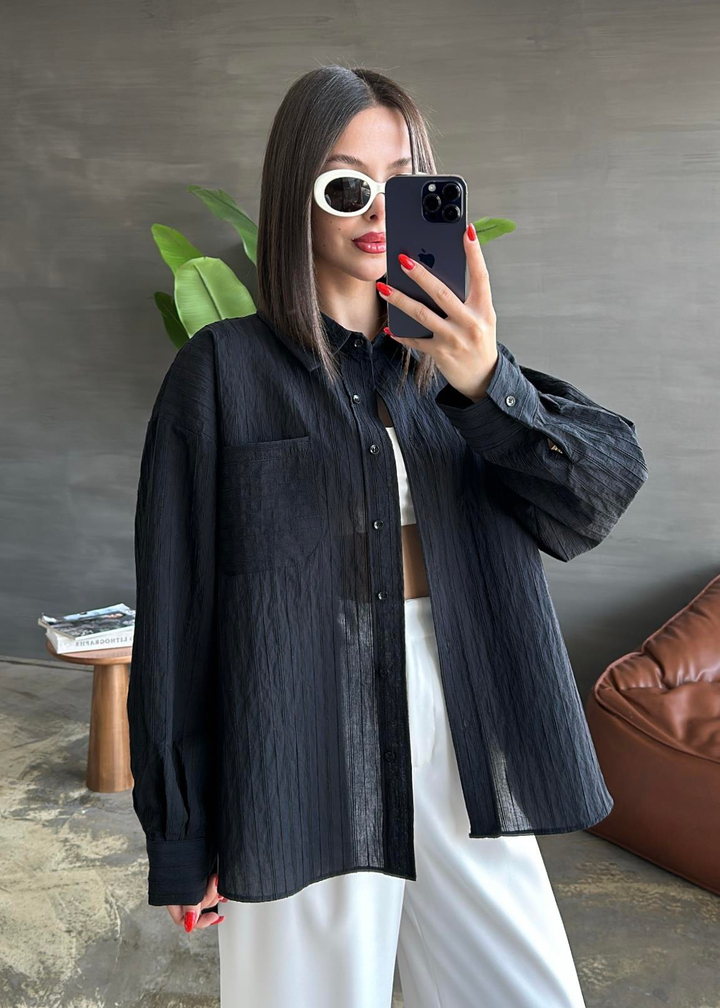 Buklet Dokulu Oversize Gömlek SİYAH