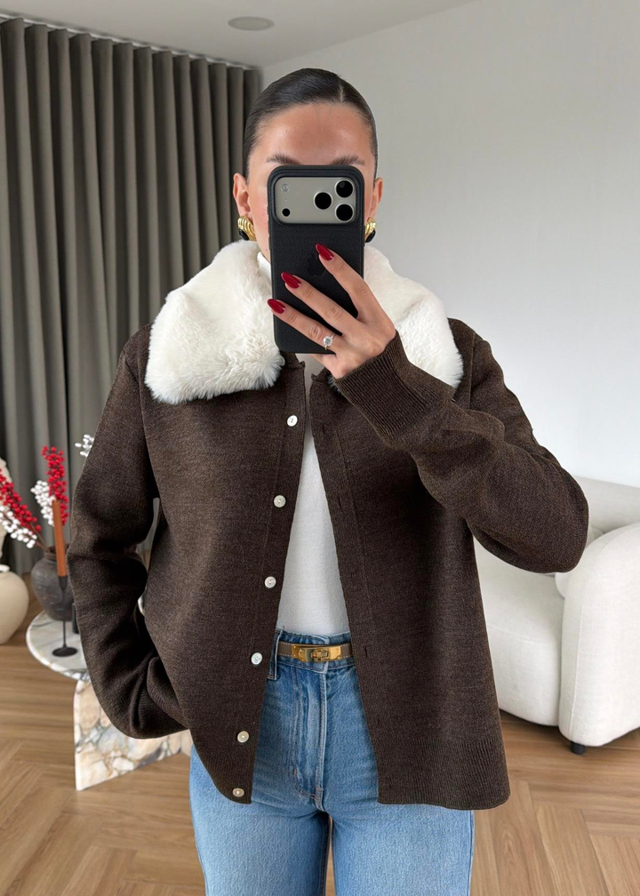 Button Peluş Yakalı Hırka KAHVE