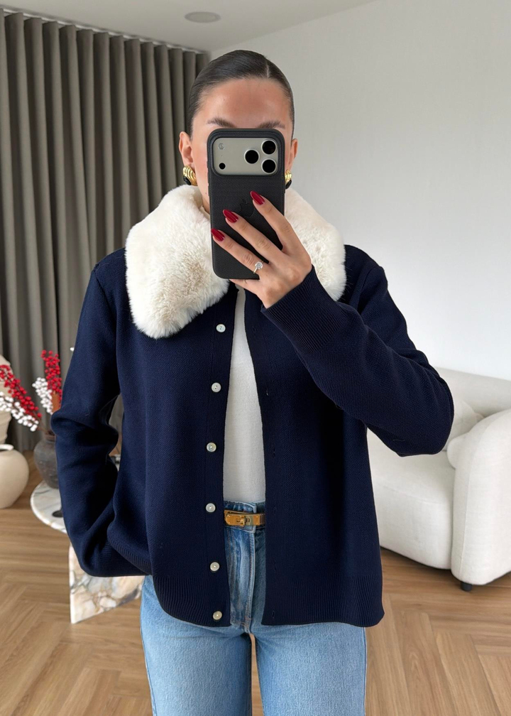 Button Peluş Yakalı Hırka LACİVERT