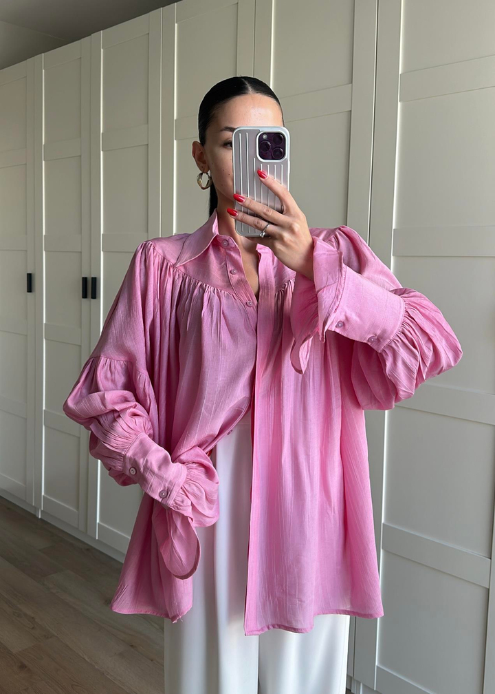 Büzgülü Geniş Kol Uzun Gömlek ŞEKER PEMBE