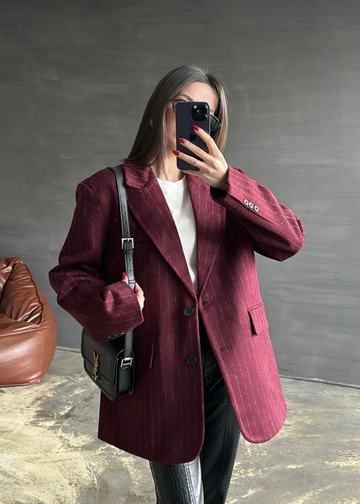 Chandler Çizgili Kaşe Ceket BORDO