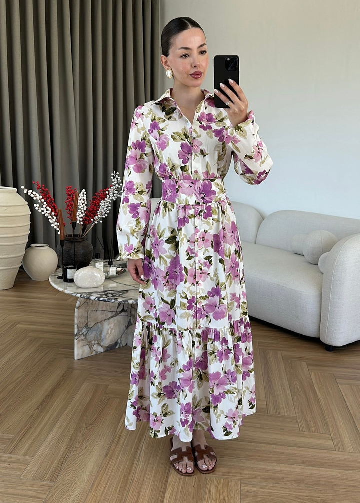Çiçek Desenli Kalın Kemerli Elbise PEMBE
