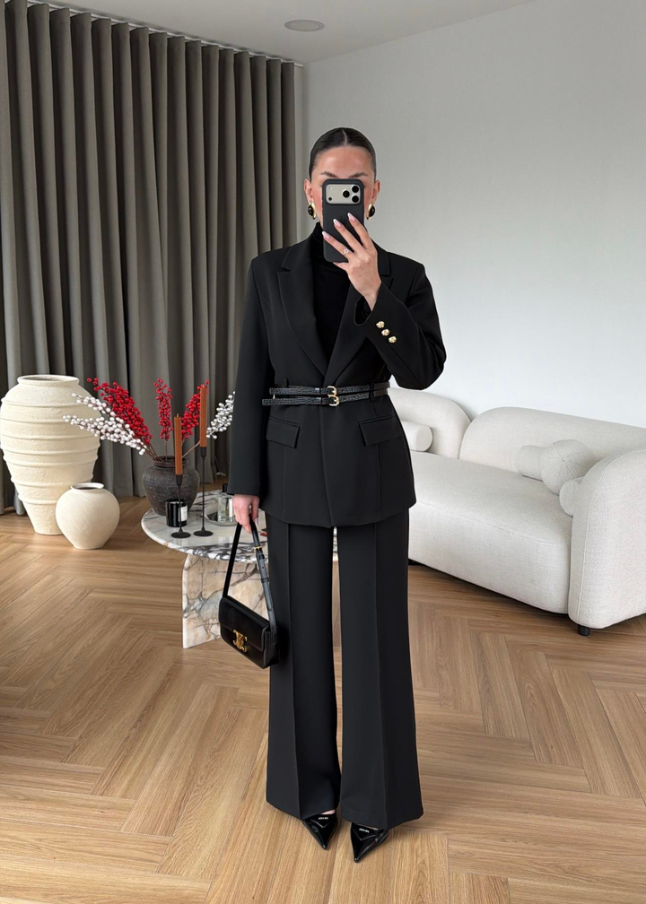 Çift Kemerli Blazer Takım SİYAH