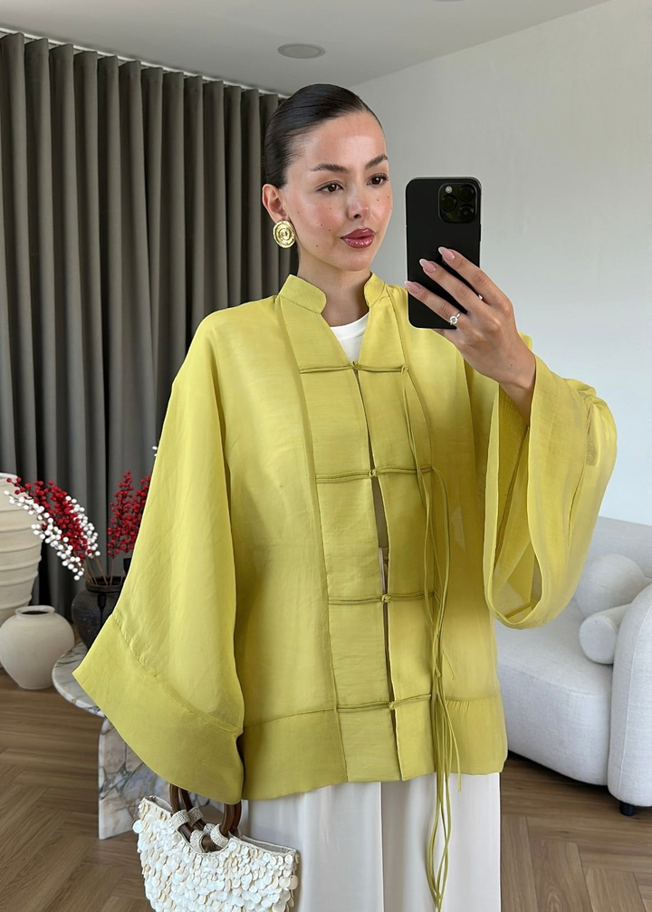 Çin Düğmeli Transparan Gömlek NEON YEŞİL
