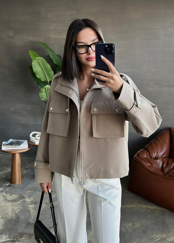 Çıtçıtlı Kısa Trençkot KOYU BEJ