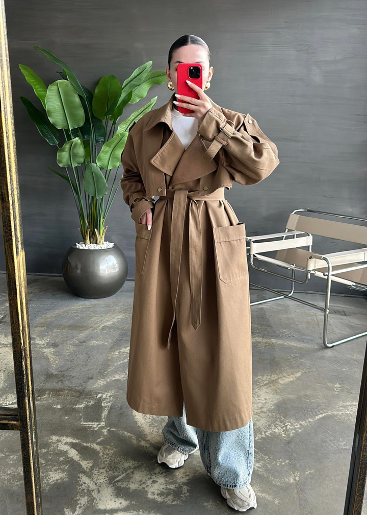 Çıtçıtlı Oversize Kemerli Trençkot CAMEL