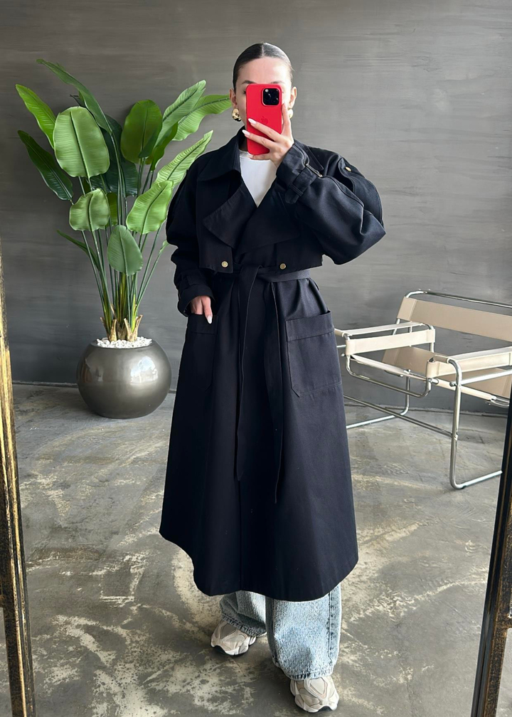 Çıtçıtlı Oversize Kemerli Trençkot SİYAH