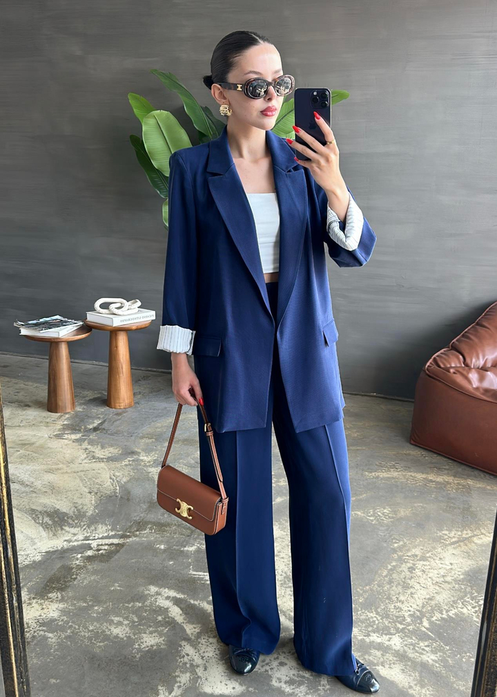 Çizgili Astarlı Tencel Ceketli Takım LACİVERT