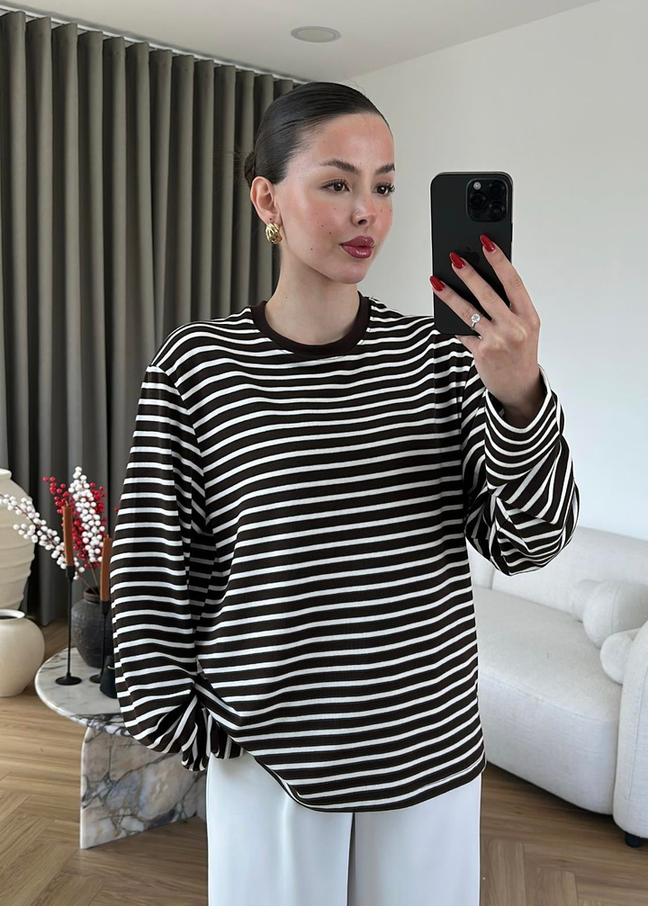 Çizgili Örme Oversize Bluz ACI KAHVE