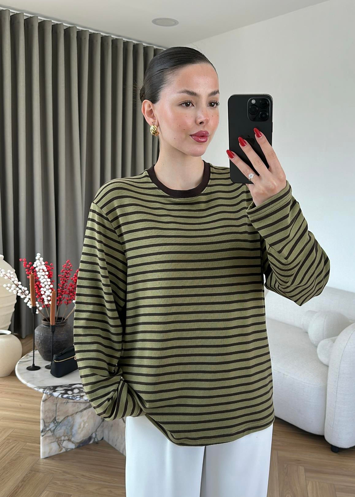 Çizgili Örme Oversize Bluz HAKİ