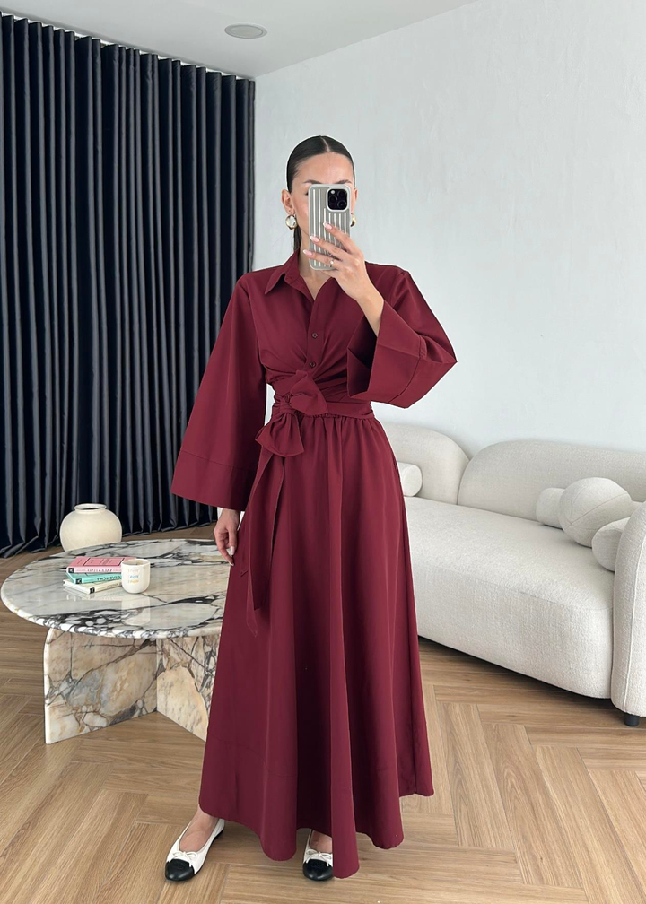 Crop Gömlek Etekli Takım BORDO