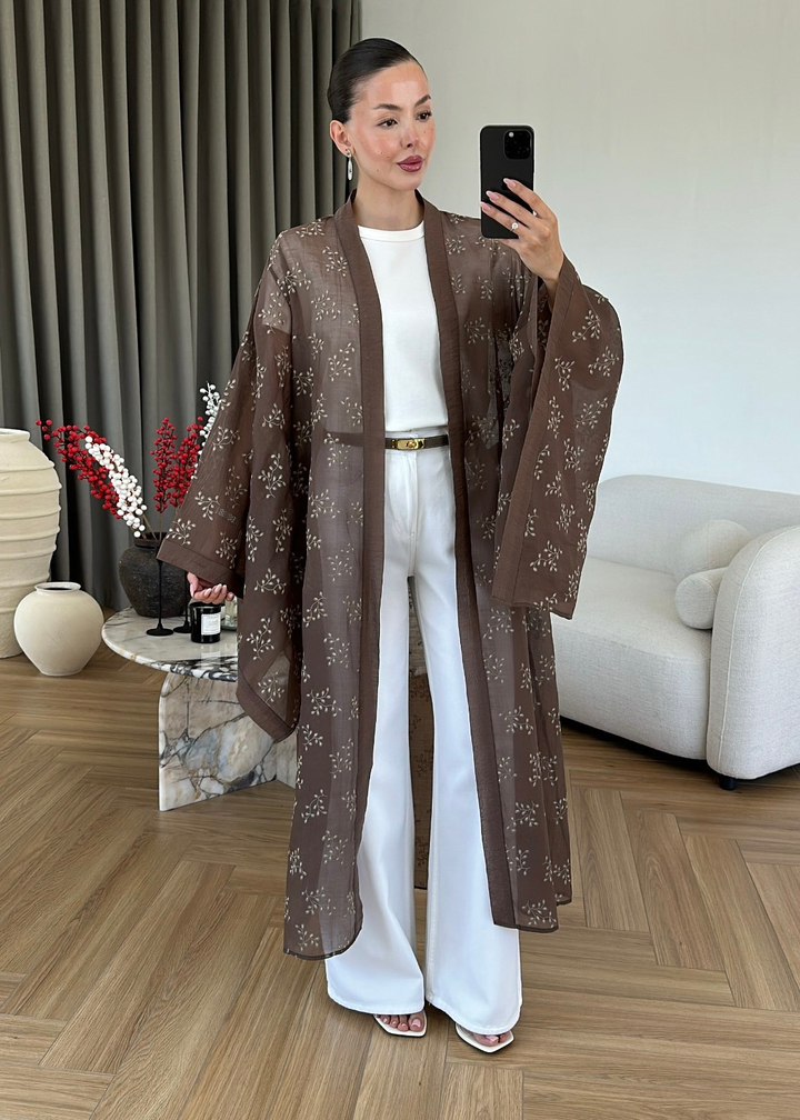 Dal Desenli Kemerli Tül Kimono ACI KAHVE