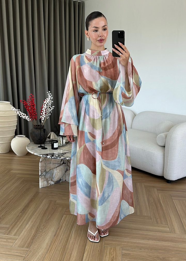 Dalga Desenli Soft Elbise RENKLİ
