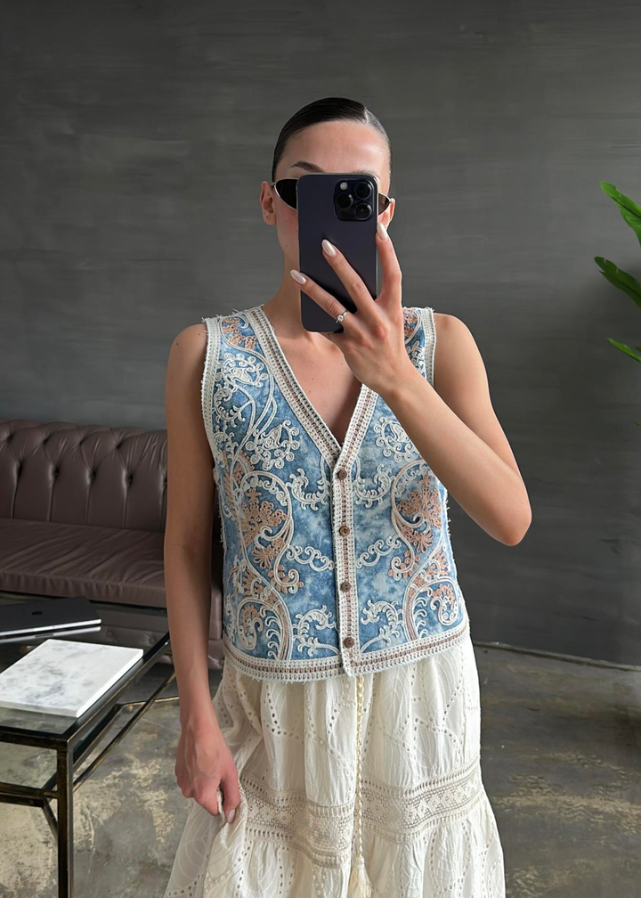 Dantel İşlemeli Denim Yelek RENKLİ