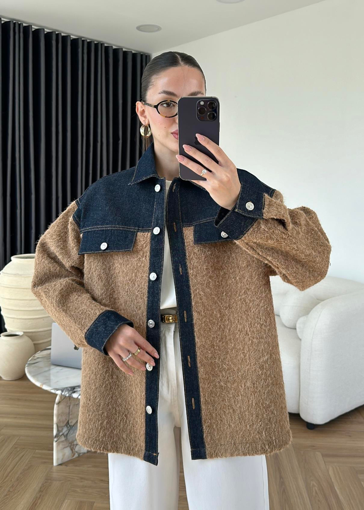 Denim Detaylı Buklet Ceket CAMEL