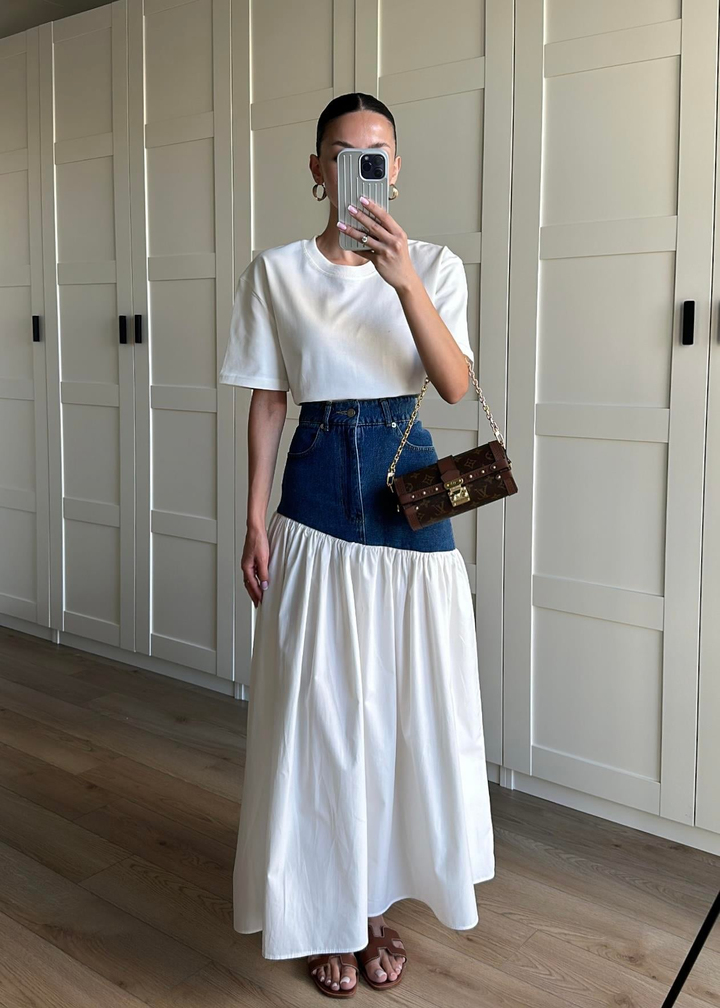Denim Detaylı Poplin Etek BEYAZ