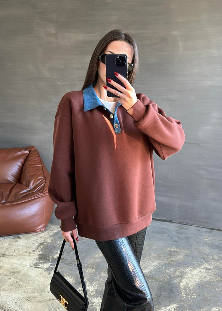 Denim Detaylı Sweatshirt ACI KAHVE
