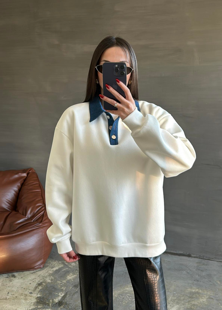 Denim Detaylı Sweatshirt EKRU