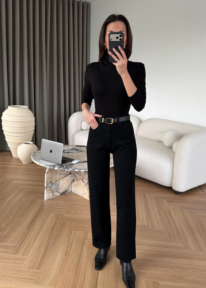Deri Kemerli Boru Paça Jean SİYAH
