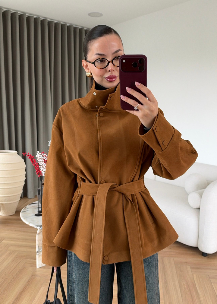 Dik Yakalı Kuşaklı Süet Ceket TABA