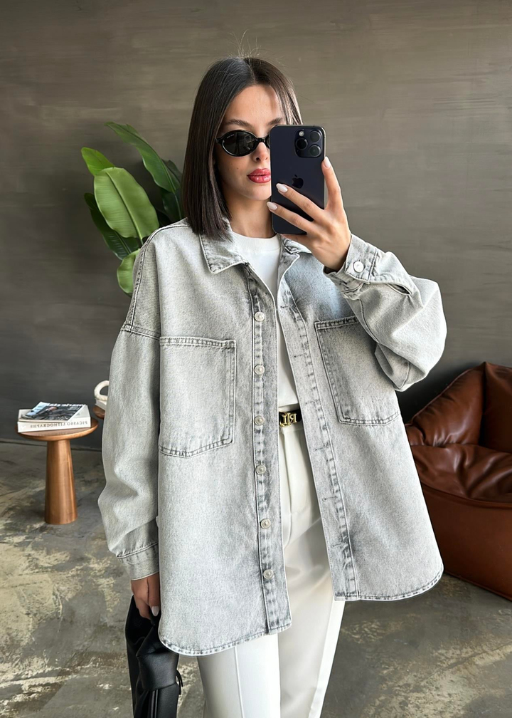 Dilvin Oversize Cepli Denim Ceket AÇIK GRİ