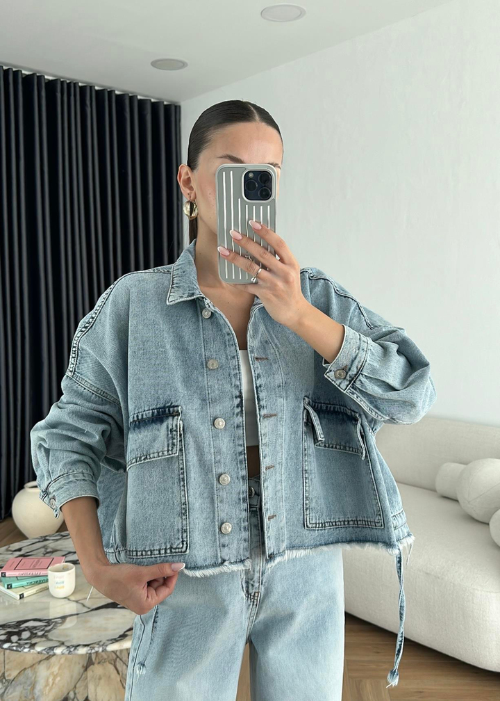 Dilvin Püsküllü Denim Ceket BUZ MAVİ