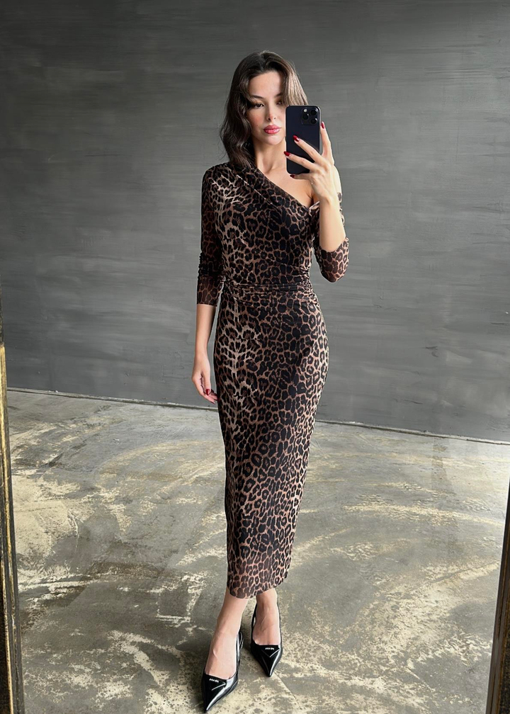 Drapeli Leopar Elbise RENKLİ