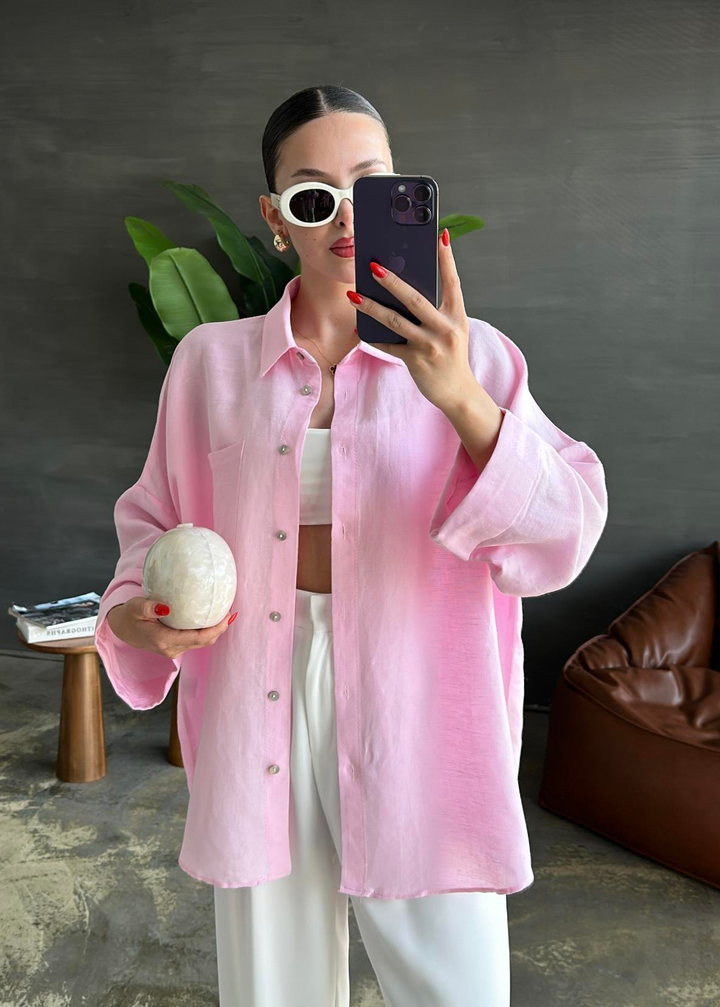 Duble Kol Keten Gömlek PEMBE