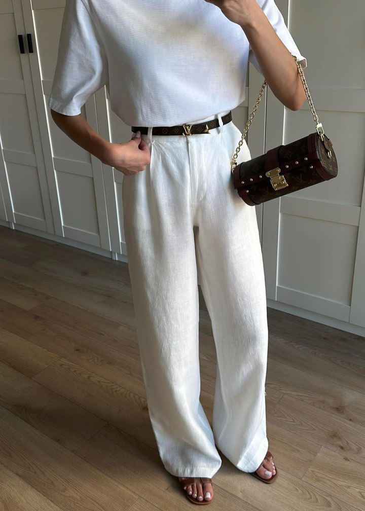 Düğmeli Keten Premium Pantolon BEYAZ